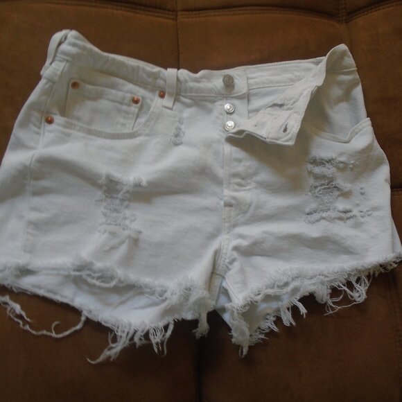 Levis 501 Jean Shorts Women's White Denim Cut Off High Rise Distressed 3… - Picture 1 of 5